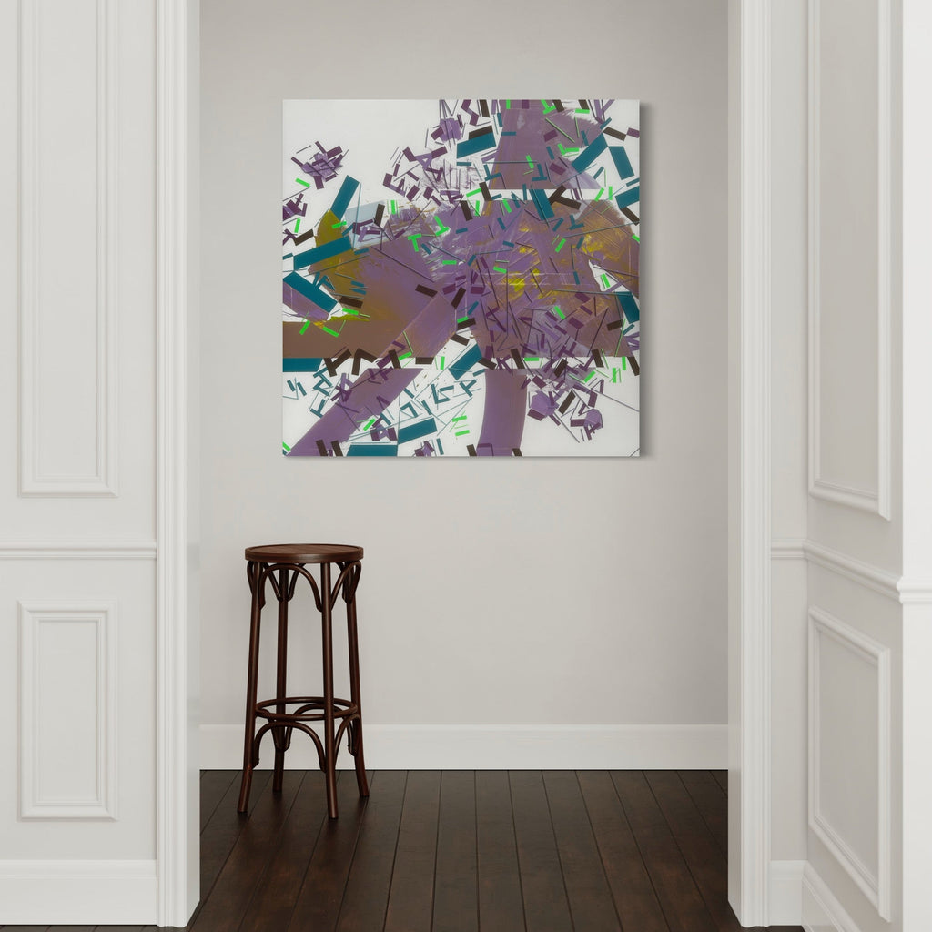 The artwork 'Tauu wisdom' by Philippe Halaburda features an abstract mixed media composition with dynamic geometric shapes in purple, teal, and metallic tones. Fragmented forms create a sense of movement across the 48x48 inch canvas, with angular elements intersecting in a chaotic yet harmonious pattern. Bold brushstrokes and layered textures suggest an urban, contemporary aesthetic. by Philippe Halaburda