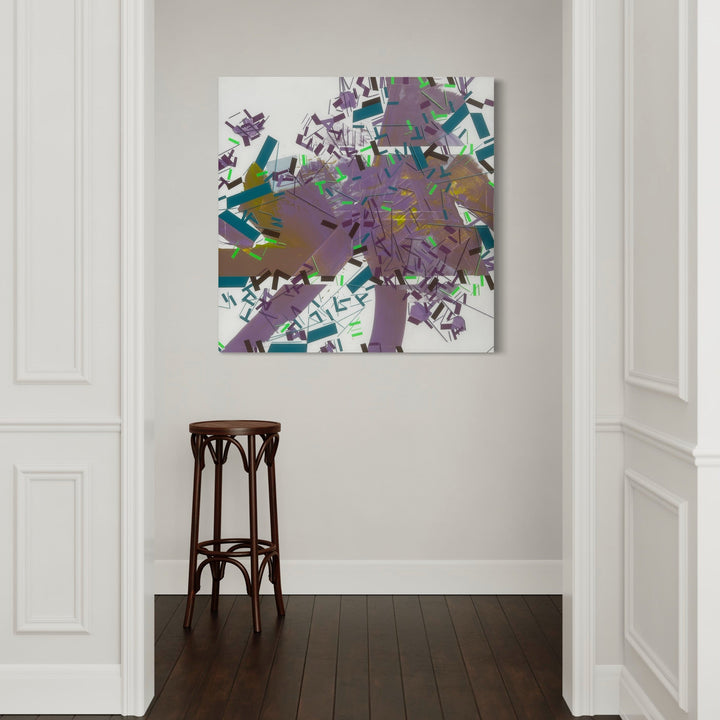 The artwork 'Tauu wisdom' by Philippe Halaburda features an abstract mixed media composition with dynamic geometric shapes in purple, teal, and metallic tones. Fragmented forms create a sense of movement across the 48x48 inch canvas, with angular elements intersecting in a chaotic yet harmonious pattern. Bold brushstrokes and layered textures suggest an urban, contemporary aesthetic. by Philippe Halaburda