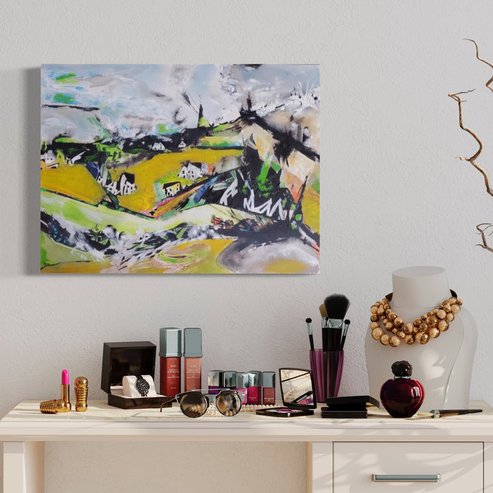 Taylor Valley by James Ehling features a dynamic abstract landscape with bold yellow fields contrasting against sweeping black brushstrokes and misty gray skies. Splashes of vibrant green accent the composition, creating a contemporary interpretation of rolling countryside using acrylic and fabric on canvas. The expressionistic style combines fluid movements with textural elements in an 18x24 inch format. By James Ehling.