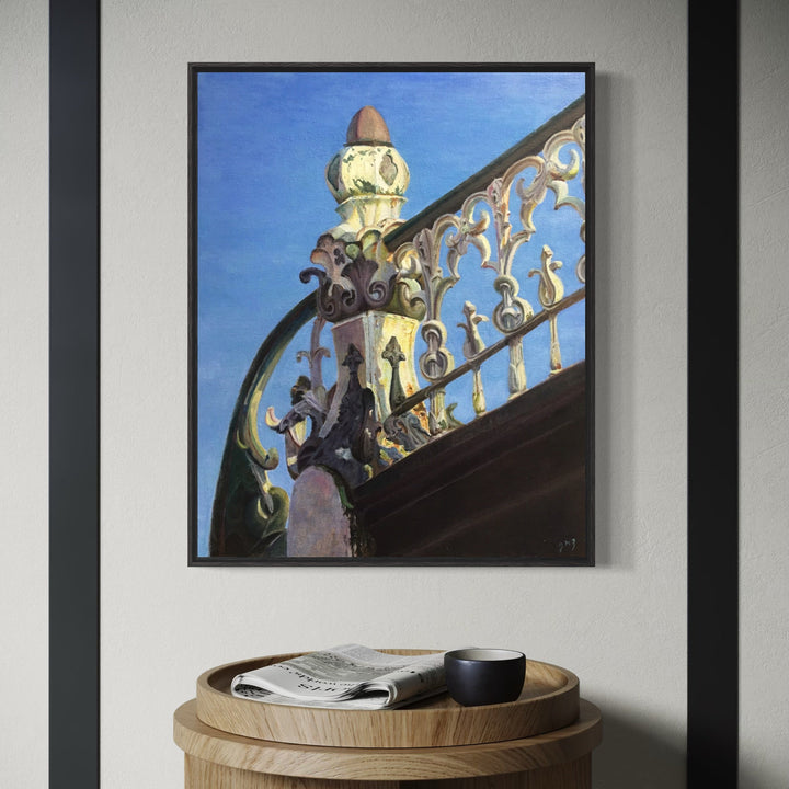 The artwork, Textures of History: Sunlit Ironwork, by Jessica Ziegler, displayed in a room.