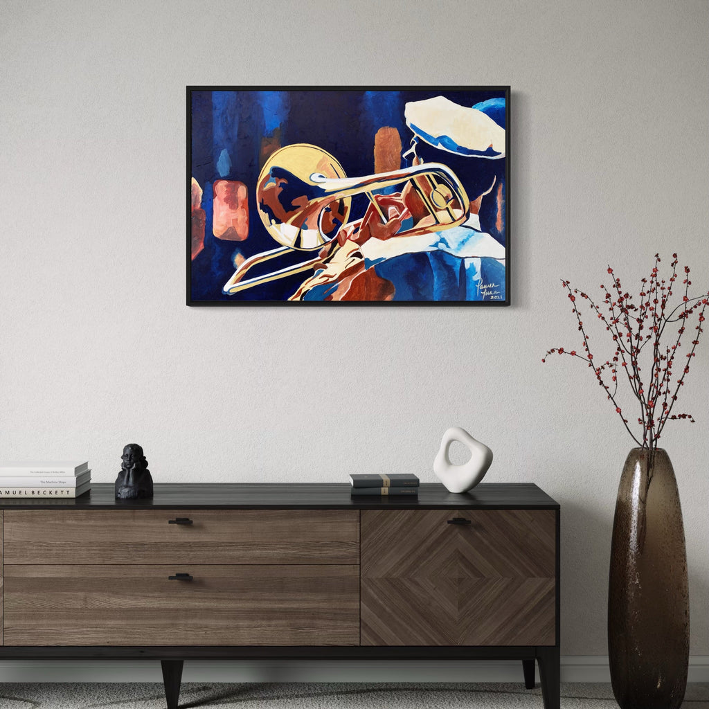 The artwork, That Jazz Man, by Lauren Luna, displayed in a room.