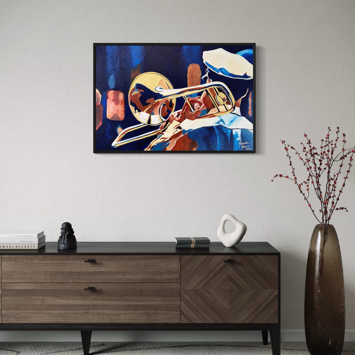 The artwork, That Jazz Man, by Lauren Luna, displayed in a room.