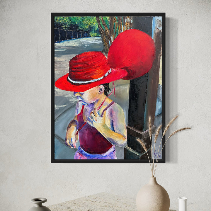 The artwork, The Balloon's Keeper, by Lauren Luna, displayed in a room.