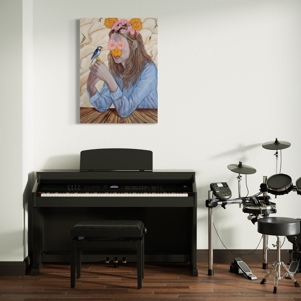 The artwork 'The Bird' features a dreamy composition with a small vibrant blue bird perched delicately against a soft beige background. Orange and pink flowers adorn the scene, creating a whimsical garden atmosphere. The piece showcases soft brushstrokes and gentle color transitions in acrylic on canvas, measuring 28x28 inches by Carlos Gamez de Francisco.