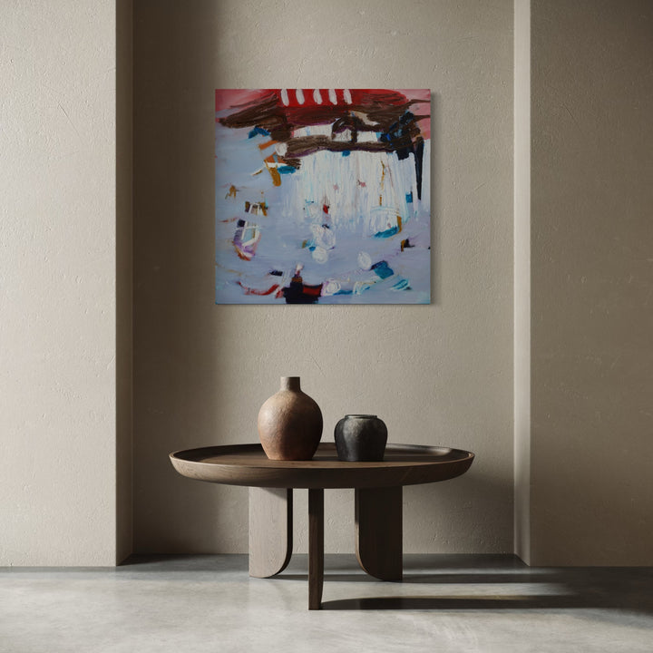 The artwork, Nostalgia, Nutcrackers, and Neverland: The Chubby Russian Popped His Buttons, by Lia Rodi, displayed in a room.
