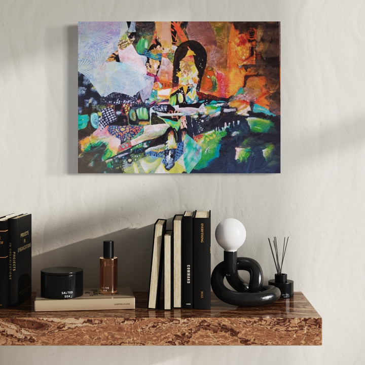 The artwork 'The Citadel' by James Ehling features an abstract composition with vibrant bursts of orange, green, and purple hues against a dramatic black backdrop. Dynamic brush strokes and layered fabric elements create a sense of movement, while geometric shapes and fluid forms interweave throughout the 18x24 inch acrylic canvas.