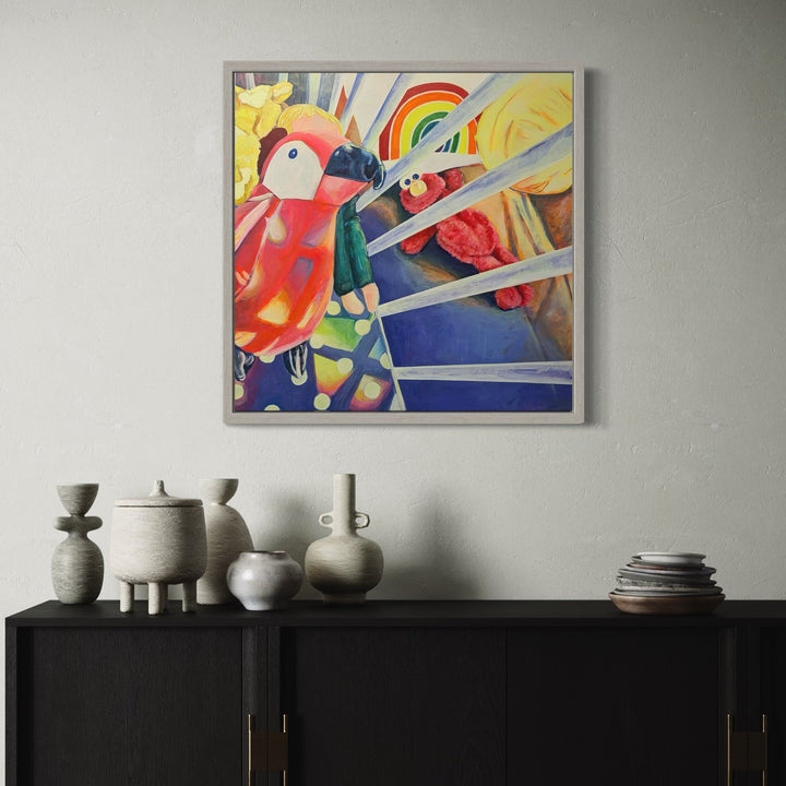 The artwork, The Comforts We Keep, by Mary Younkin, displayed in a room.