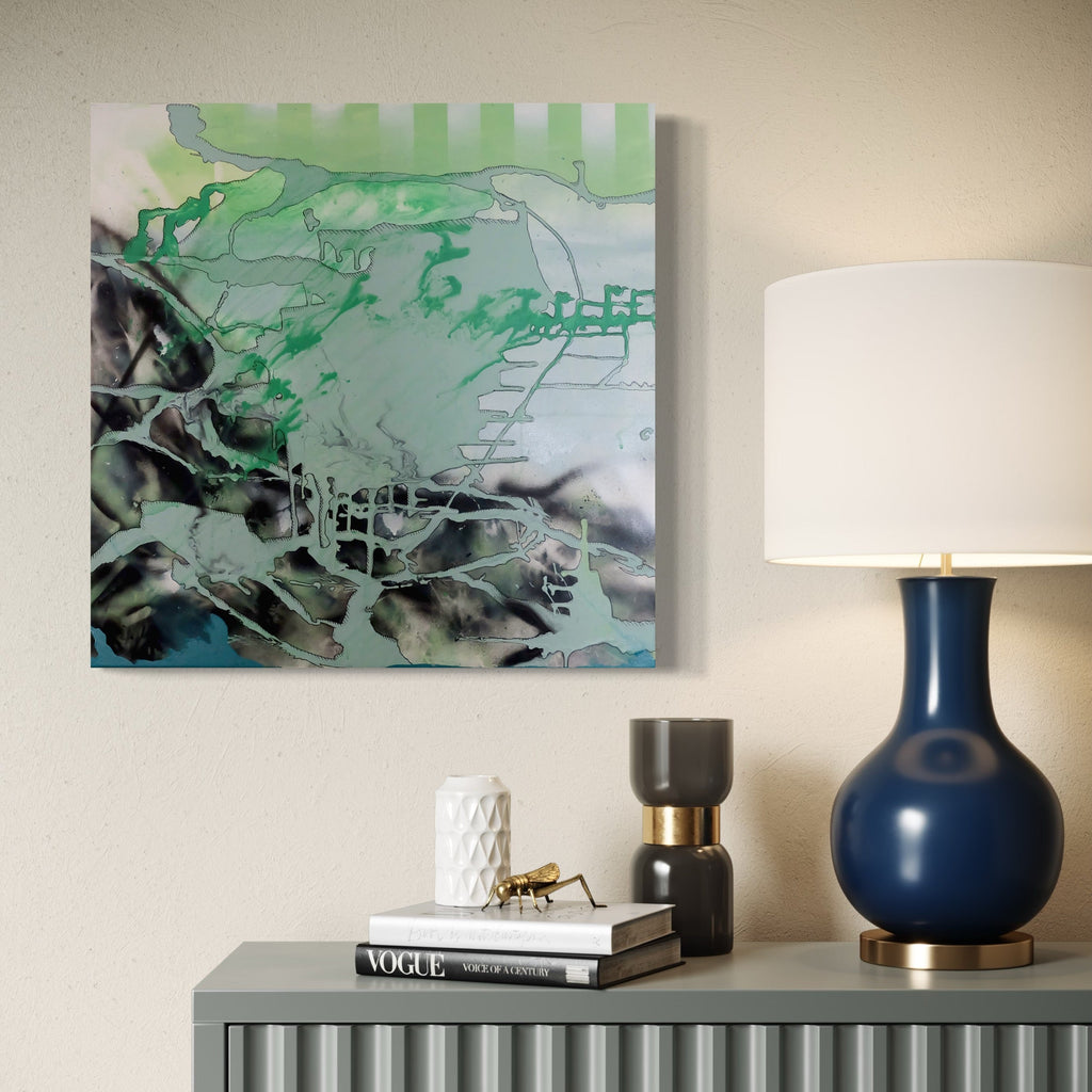The artwork 'The Coves of Palos Verdes' by Devin Ruiz features abstract coastal landscapes rendered in flowing emerald greens and deep charcoal tones. Mixed media on canvas creates dynamic textures suggesting cliff formations and ocean waves, with fluid brushstrokes and organic shapes merging in a contemporary abstract style. 24x24 inches mixed media on canvas by Devin Ruiz.