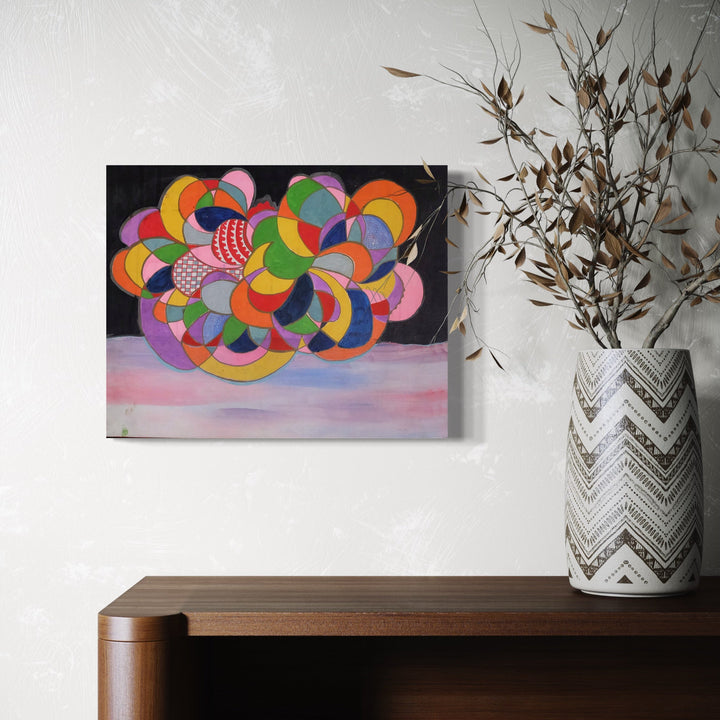 The artwork 'The Flowers Abstract Dream' by Devin Ruiz features vibrant overlapping circular shapes in pink, orange, purple, blue, and green against a dark background, creating a dynamic floral-inspired composition. The bottom shows a soft pink and lavender gradient, painted in acrylic on canvas, measuring 16x20 inches.