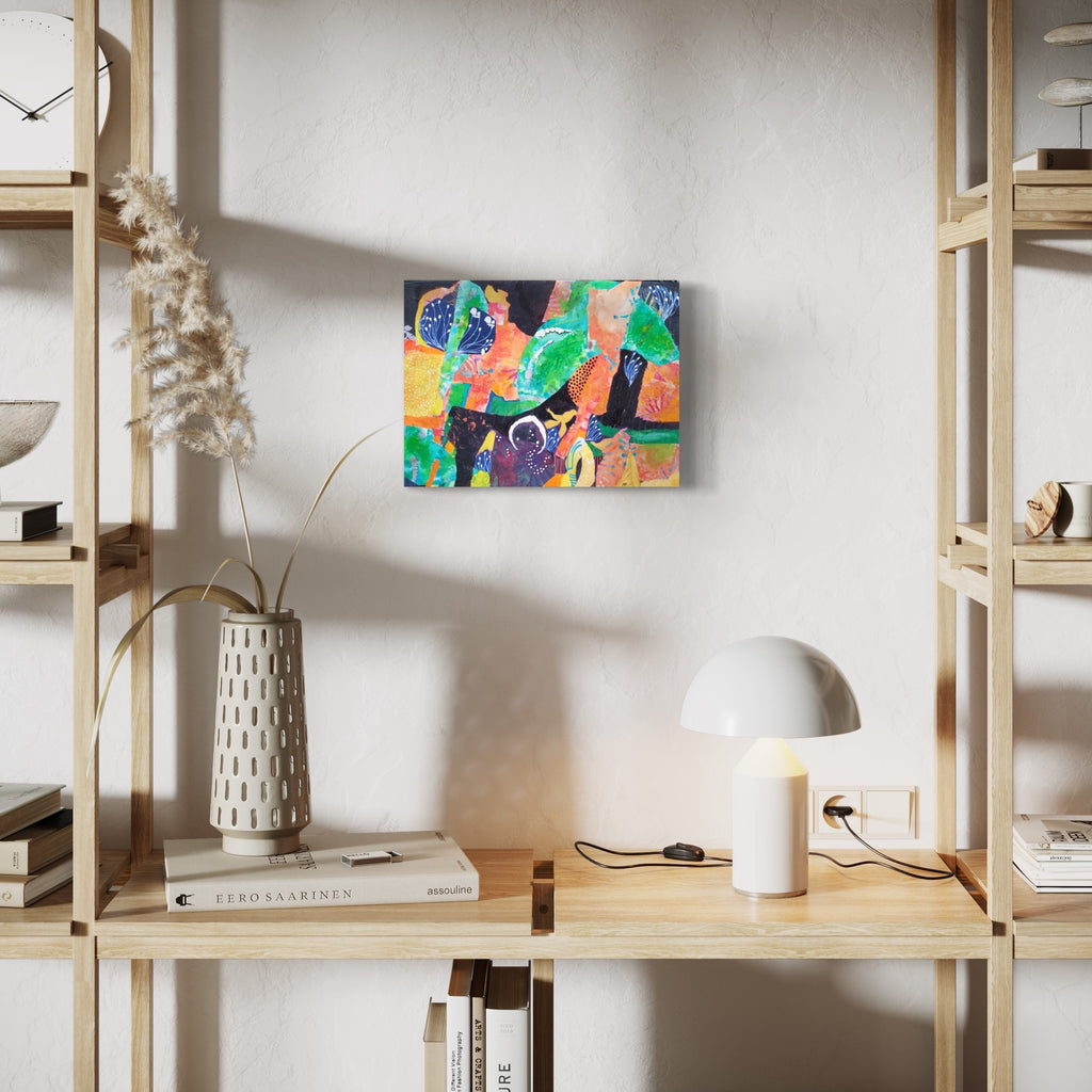 The artwork 'The Garden at Night' by James Ehling features a vibrant abstract composition with bold splashes of neon green, coral orange, and deep navy blue. Mixed media elements combine acrylic paint and fabric on canvas, creating dynamic textures and layered patterns. The 16x12 inch piece evokes a nocturnal garden scene through expressive brushstrokes and playful organic forms. - James Ehling