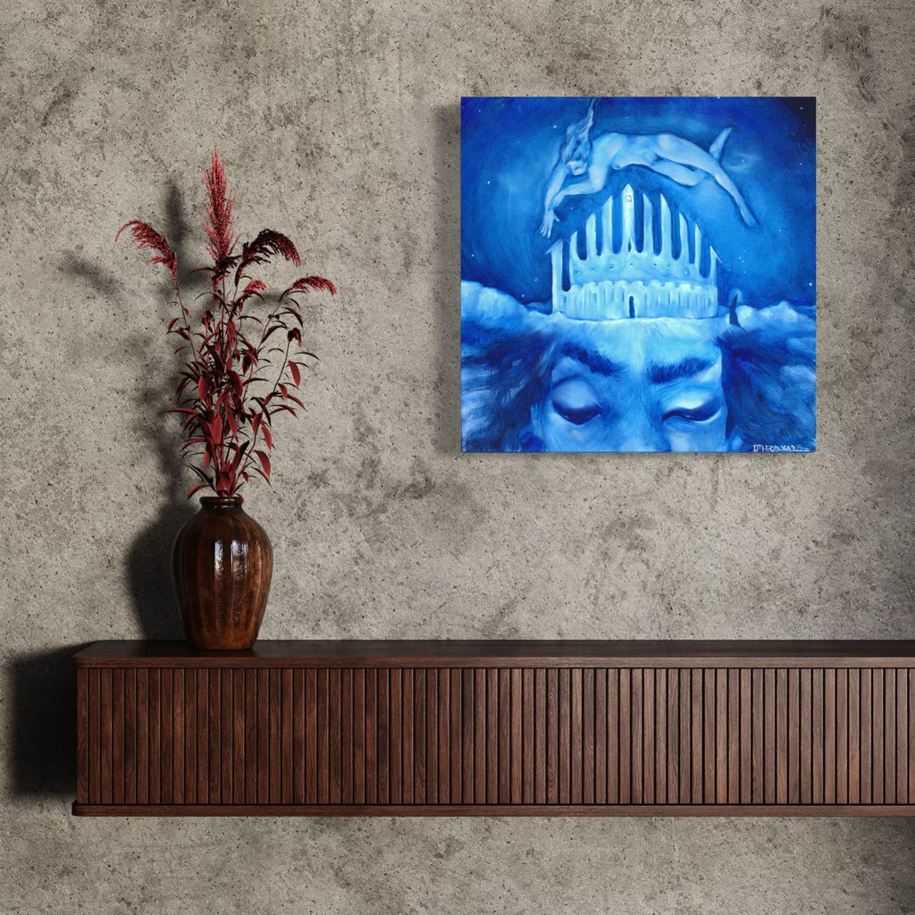 The artwork, The Goddess of Sound's Final Sleep, by Dara Theodora, displayed in a room.