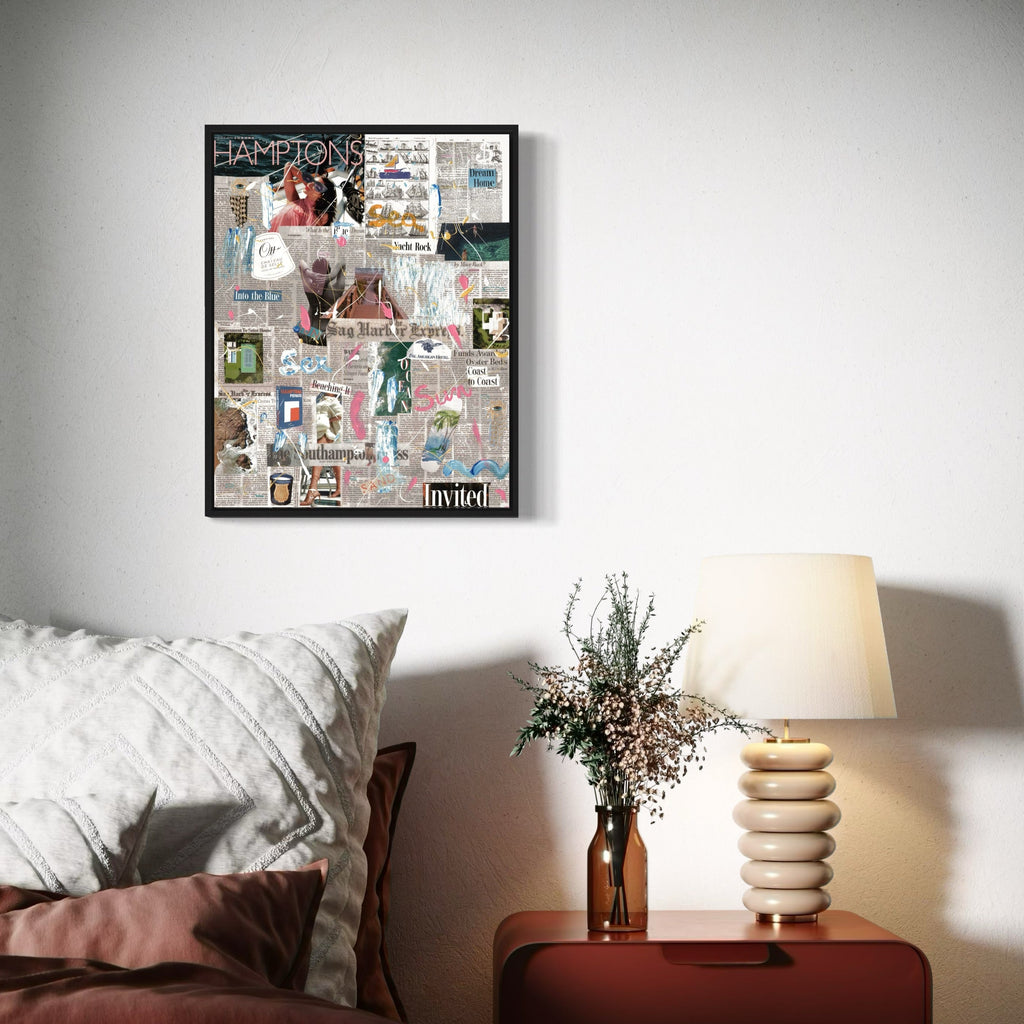 The artwork 'The Hamptoner #11' by Jean-Remi Barbier features a dynamic mixed media collage composition with layered elements in muted pink and gray tones. Abstract shapes, text fragments, and vintage-inspired imagery create a complex urban narrative within a black floating frame. The piece combines acrylic paint and mixed media techniques, showcasing a contemporary street art aesthetic with graffiti-like elements.