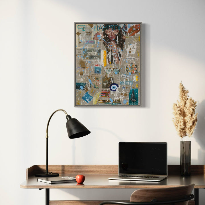 The artwork 'The Hamptoner #15' by Jean-Remi Barbier features a mixed media collage with layered urban textures, combining distressed newspaper fragments, bold splashes of blue and yellow, and abstract forms. The piece showcases a contemporary street art aesthetic with weathered elements and dynamic composition in a floating grey frame.