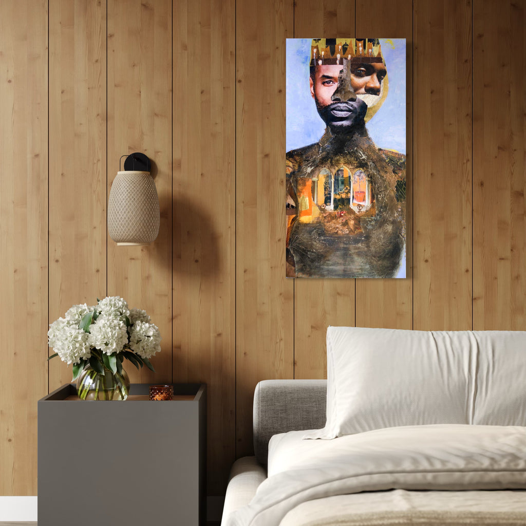 The artwork, The Journey is Long and Hard, by Mona Dworkin, displayed in a room.