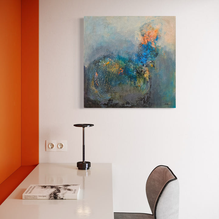The artwork, The Light That Stirred the Deep, by Janyce Erlich-Moss, displayed in a room.