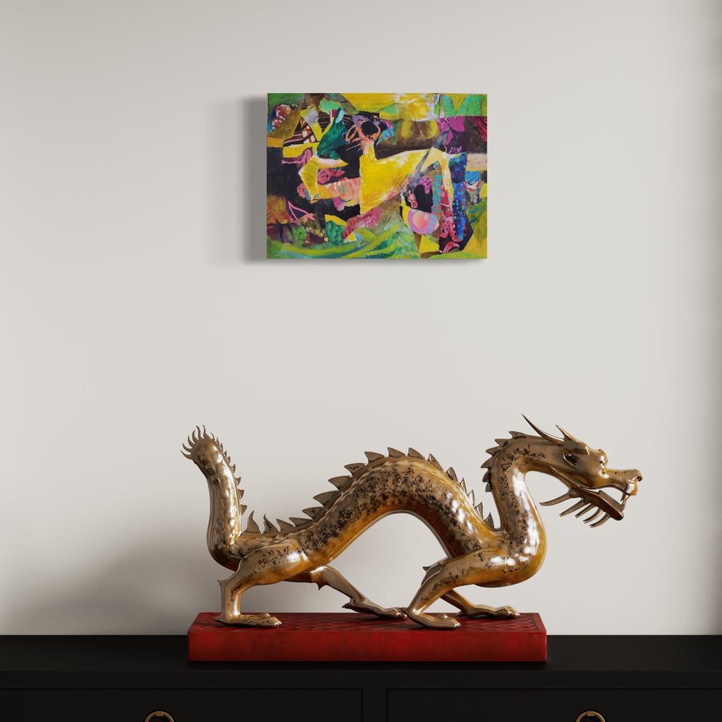 The artwork 'The Macomber Estate' by James Ehling features abstract expressionist composition with dynamic splashes of vibrant yellow, purple, and green hues. Mixed media technique combines acrylic paint and fabric on canvas, creating textural depth and movement. The 16x12 inch piece showcases bold geometric shapes and fluid brushstrokes in a contemporary abstract style.