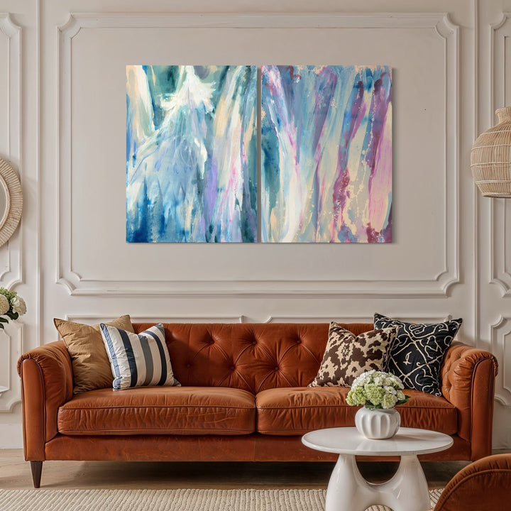 The artwork, The Once Fabled Fall (diptych), by Molly Herman, displayed in a room.