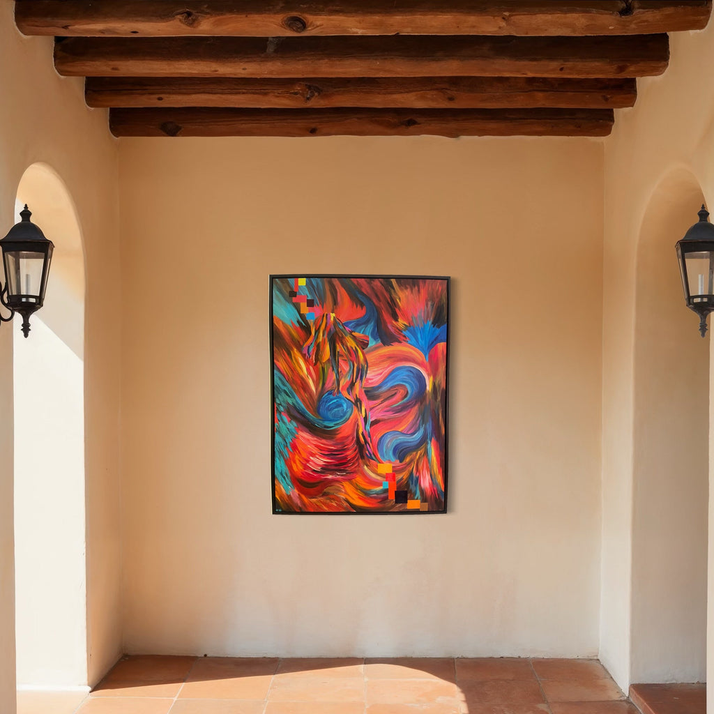 The artwork, The Phoenix, by Kim Rosebud, displayed in a room.