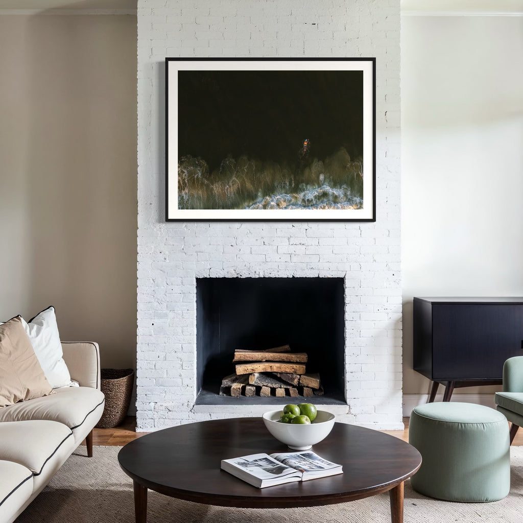 The artwork, The Push, by Dennis Maida, displayed in a room.