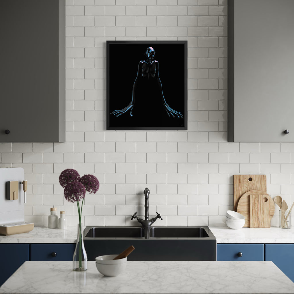 The artwork, The Watcher Within, by Maria Sanchez, displayed in a room.