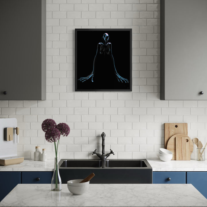 The artwork, The Watcher Within, by Maria Sanchez, displayed in a room.