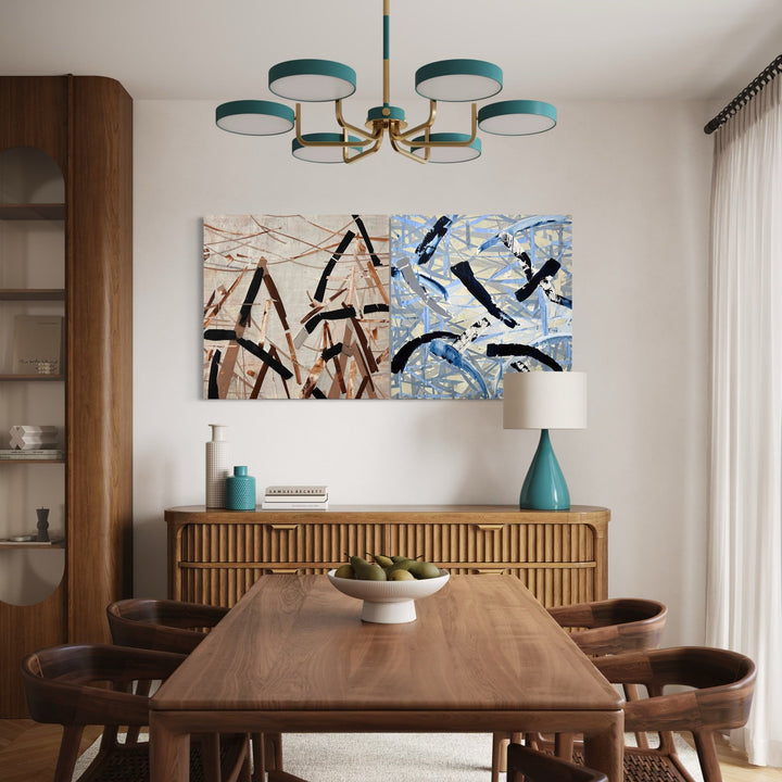 The artwork, The Wave Diptych, by Shira Toren, displayed in a room.