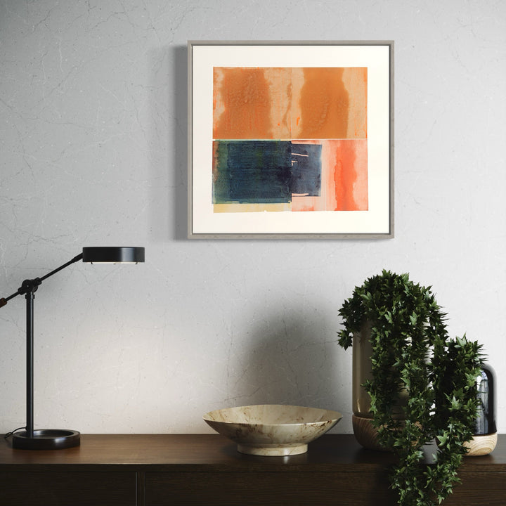 The artwork 'The stain of antecedent passions' features bold geometric color blocks with a dominant peach-orange hue contrasting against a deep navy blue rectangle. The watercolor technique creates subtle variations and bleeds between colors, displaying a minimalist abstract composition in warm and cool tones. Artwork by Ken Schiano.