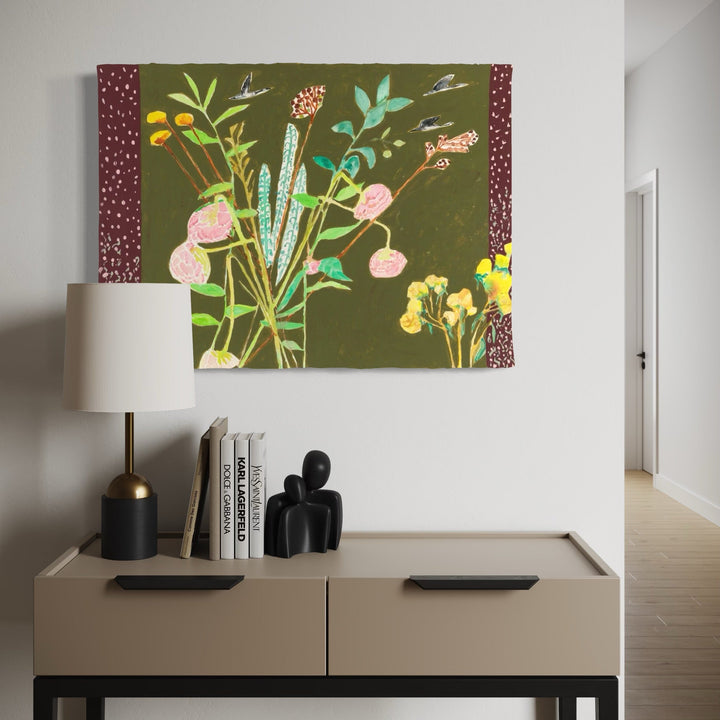 The artwork, Three Wild Geese at Night, by Lisa Warren, displayed in a room.