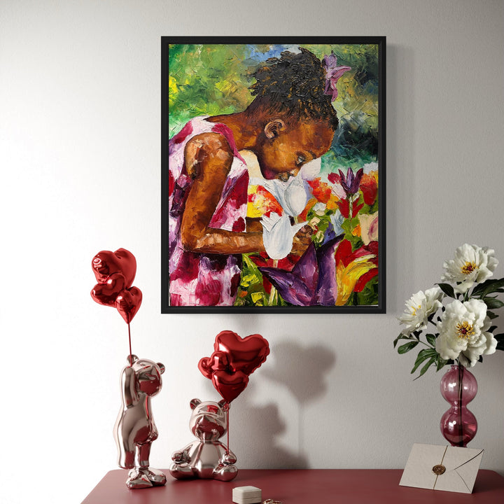 The artwork, Tiptoe through the tulips, by Lauren Luna, displayed in a room.