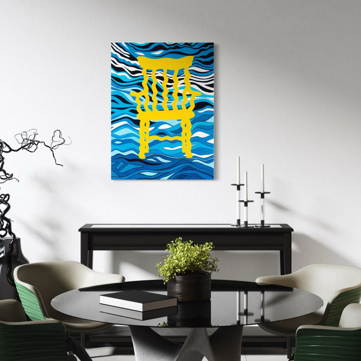 The artwork, Topsy Turvy World, by Roxa Smith, displayed in a room.