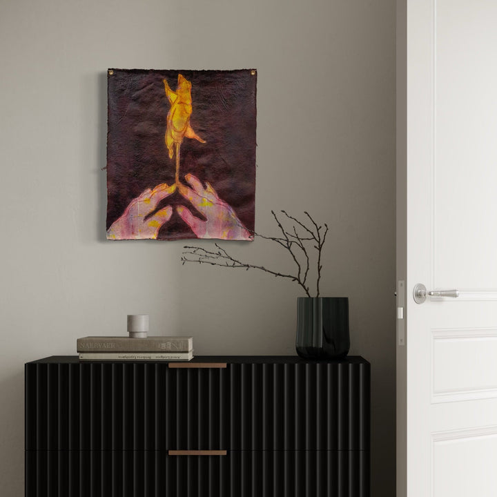 The artwork, Touching You Touching Me, by Patrick Bower, displayed in a room.