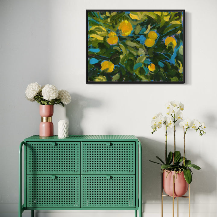 The artwork 'Tributaries of sky' by Cristi Lyon features vibrant yellow citrus fruits nestled among deep green foliage, with touches of turquoise blue creating depth and movement. The oil on paper painting captures an impressionistic garden scene with loose, flowing brushstrokes and luminous color harmonies, framed in a sleek black frame - by Cristi Lyon.