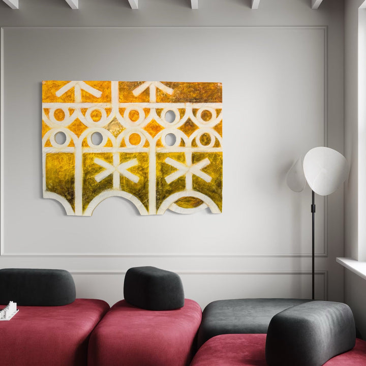 The artwork, Triclinium East, by Adina Andrus, displayed in a room.