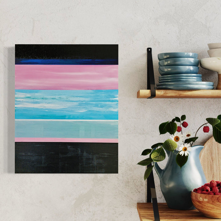 A photo of the artwork Tropical Sunset, by Vanessa Ryan, hanging on a wall.