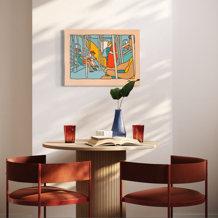 Tunnel Vision by Alimo presents a stylized subway interior with figures in blue, orange, and beige shades, highlighting urban solitude and movement through clean-lined, minimalist art displayed above a modern table setting with warm-toned chairs and simple decor.