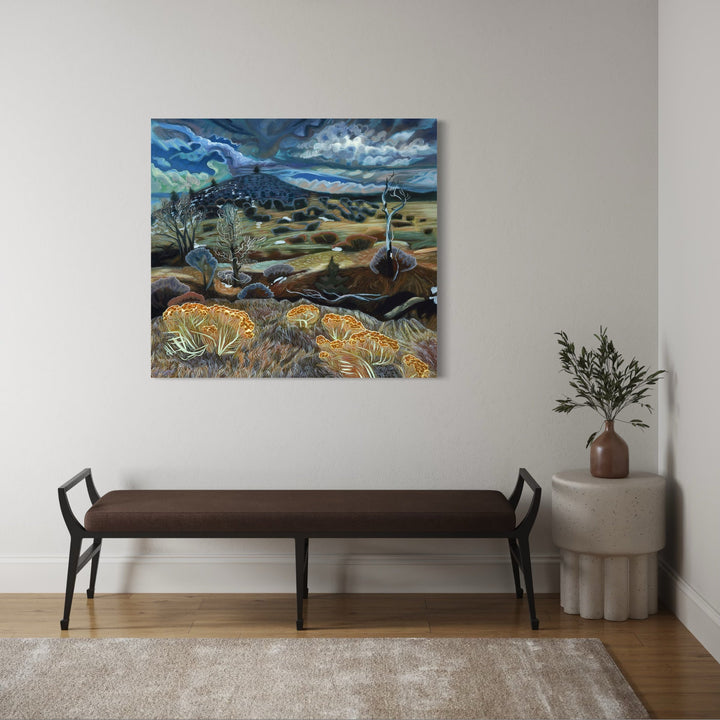 The artwork, Turkey Crossing, by Gina Blickenstaff, displayed in a room.