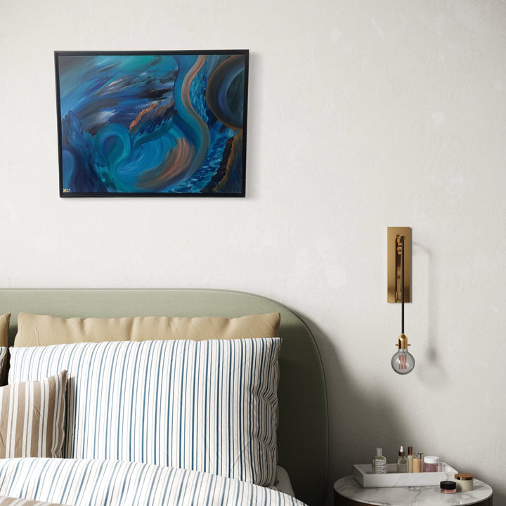 The artwork, Turquoise Dreams, by Kim Rosebud, displayed in a room.