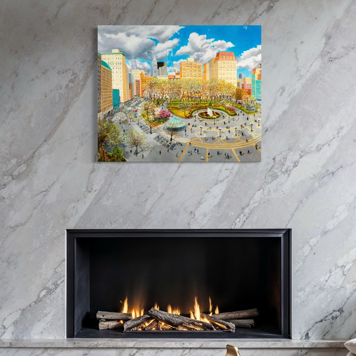 The artwork, Union Square, by Roxa Smith, displayed in a room.