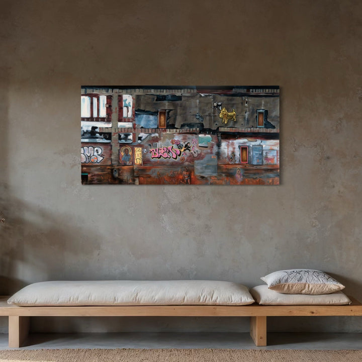 The artwork, Urban Monoploy, Final Judgement, by Regina Miele, displayed in a room.