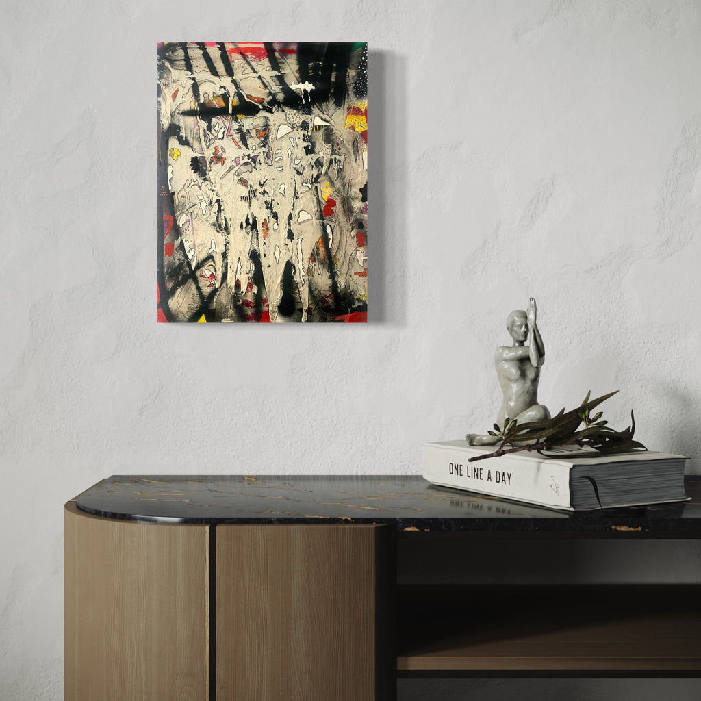 The artwork 'Vampire has Plaque has Buildup' by Devin Ruiz features abstract expressionist strokes in black, white, and gray with splashes of red and yellow. Dynamic drip patterns create a chaotic, textured surface resembling organic forms against a pale background. Bold gestural marks and layered paint techniques convey raw energy and movement across the acrylic canvas.