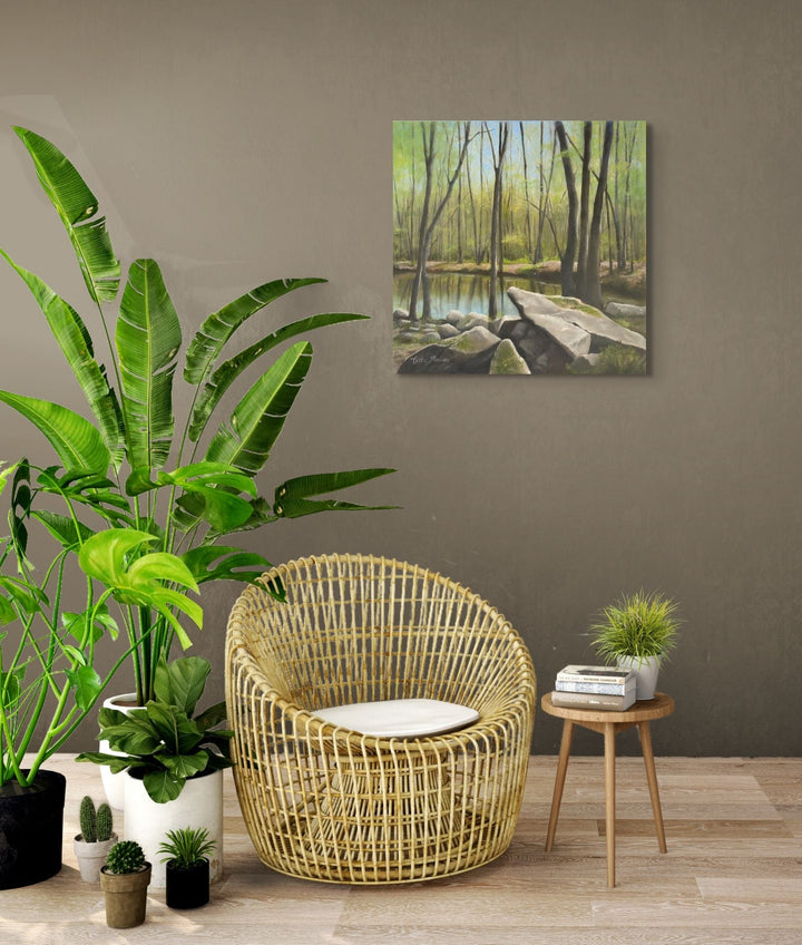 The artwork, Vernal Pool, by Carla Thomson, displayed in a room.