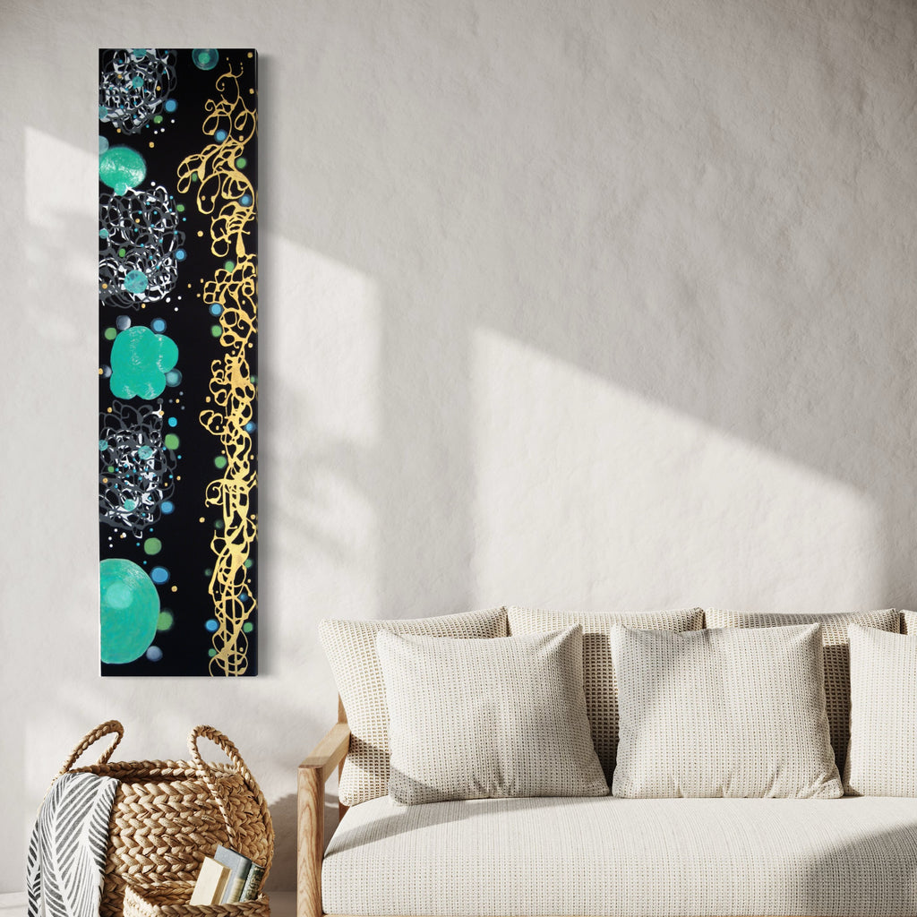 The artwork 'Vertical Choreography' by Eric Jiaju Lee features a striking vertical composition on silk with vibrant turquoise orbs and golden calligraphic elements against a deep black background. Abstract patterns in light blue create a delicate interplay of fluid forms, suggesting movement and dance. The acrylic on silk technique creates luminous effects. By Eric Jiaju Lee.