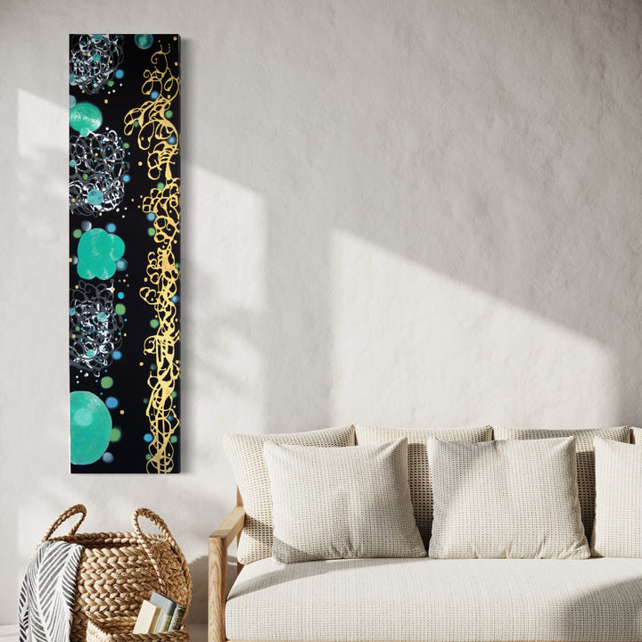 The artwork 'Vertical Choreography' by Eric Jiaju Lee features a striking vertical composition on silk with vibrant turquoise orbs and golden calligraphic elements against a deep black background. Abstract patterns in light blue create a delicate interplay of fluid forms, suggesting movement and dance. The acrylic on silk technique creates luminous effects. By Eric Jiaju Lee.