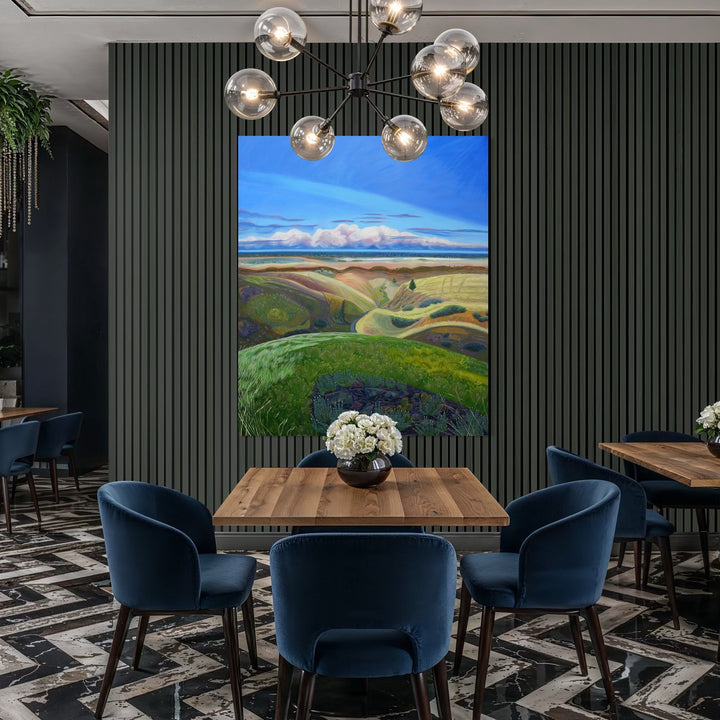 The artwork, View From Foothils Trail, by Gina Blickenstaff, displayed in a room.