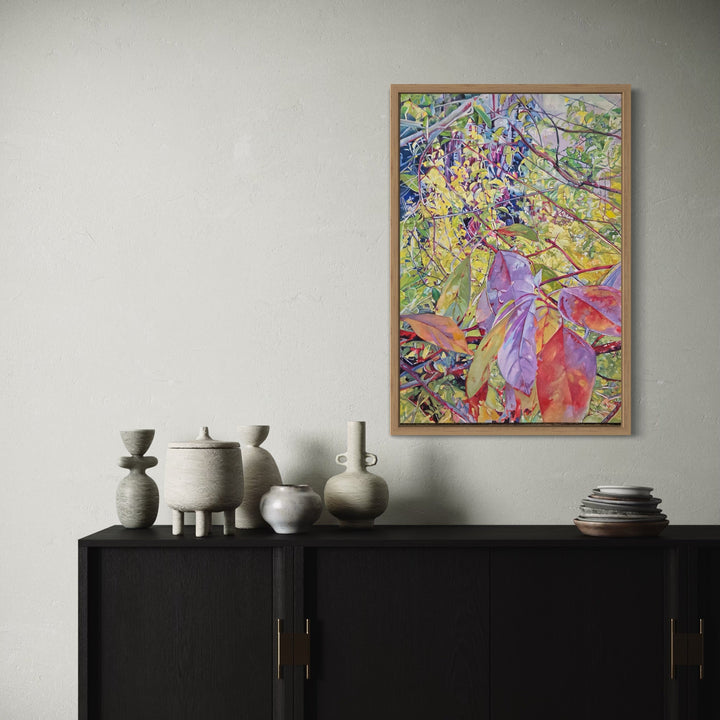 The artwork, Vines on Maple Tree, by Jane E. Skafte, displayed in a room.