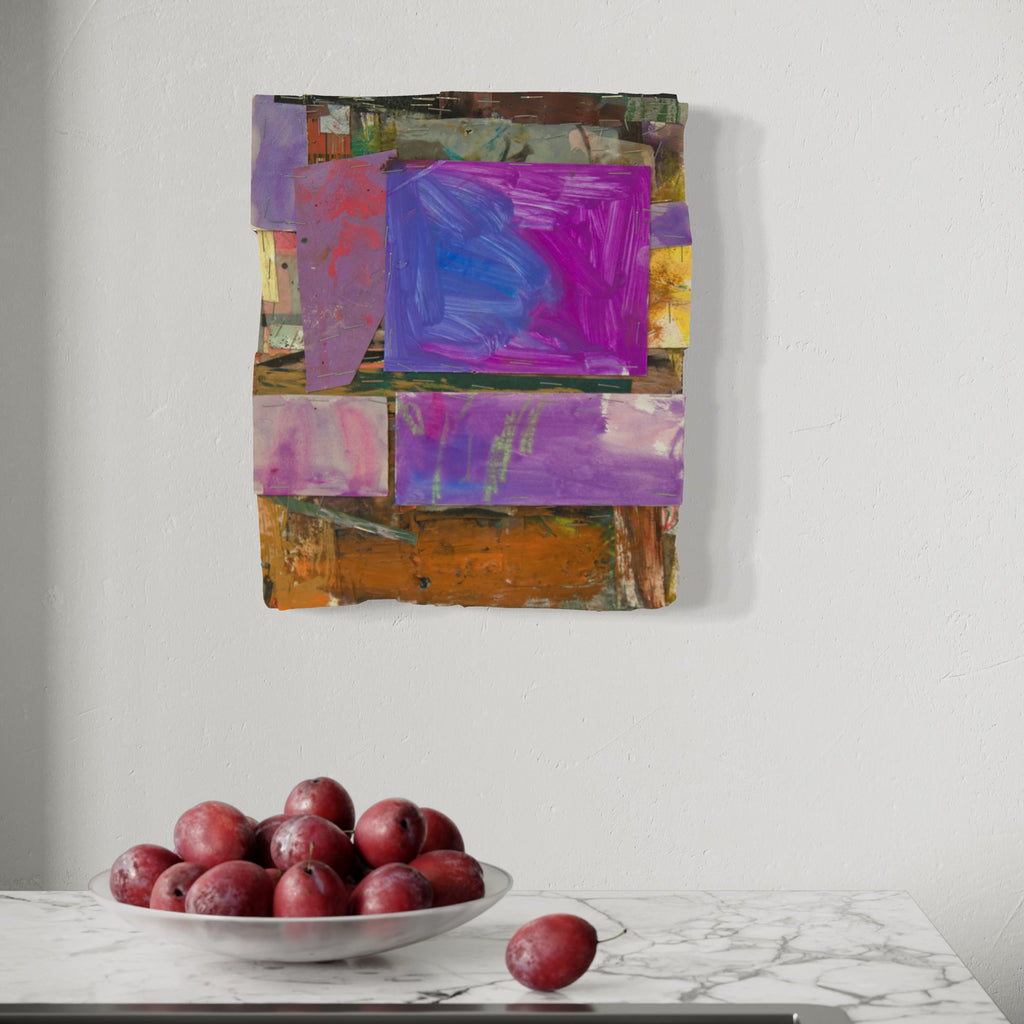 The artwork 'Violet' by Christopher Blyth features bold geometric blocks in vibrant purple, blue, and magenta hues, layered with rustic orange undertones. Abstract encaustic technique creates rich textural elements, with mixed media collage elements adding depth. The composition balances structured rectangles with fluid color transitions by Christopher Blyth.