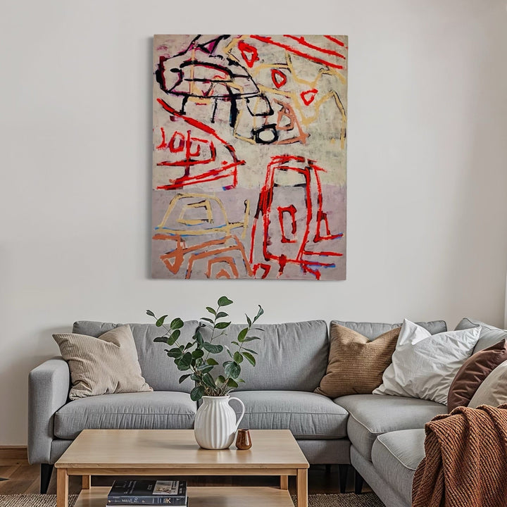 The artwork, WALKING the DOG, by John Goetz, displayed in a room.