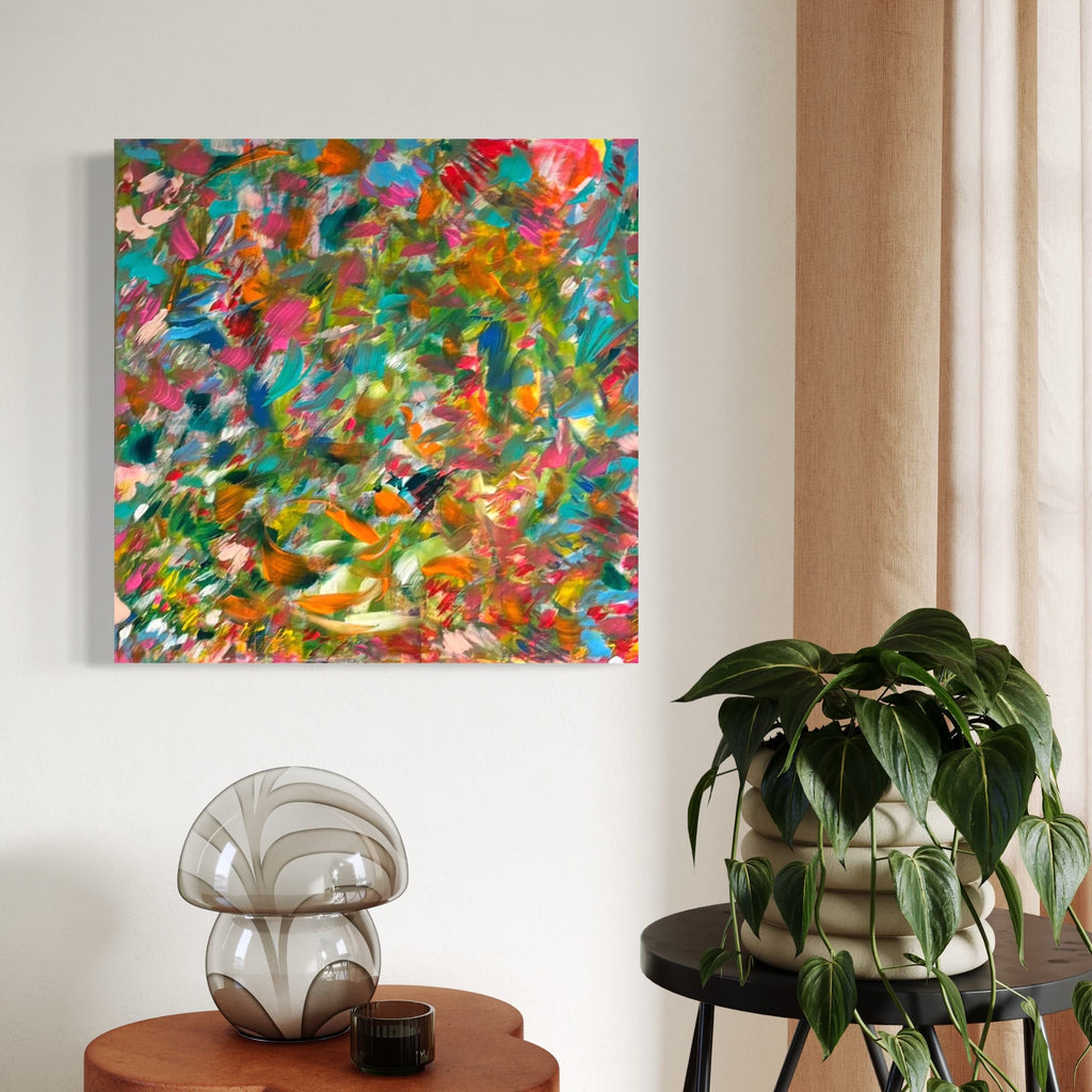 The artwork, WE WHISPER TOGETHER, by Gail Sarasohn, displayed in a room.