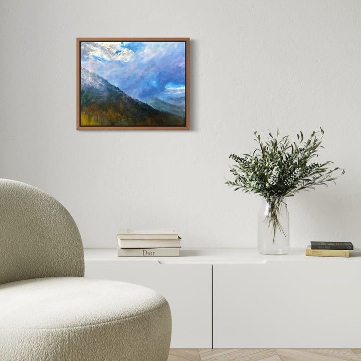 The artwork, Walking Through Clouds in Cortona, by Regina Miele, displayed in a room.