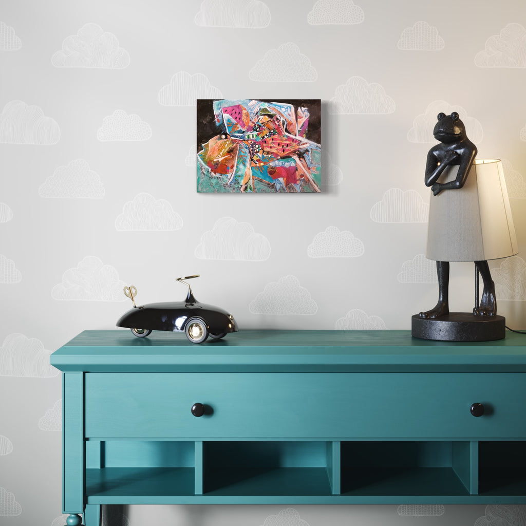 The artwork 'Watermelon Crush' by James Ehling features vibrant abstract expressionism with swirling patterns in coral, turquoise, and pink tones. Mixed media composition combines acrylic paint and fabric elements on canvas, creating dynamic movement and textural depth. The 16x12 inch piece showcases energetic brushstrokes and layered materials. - James Ehling
